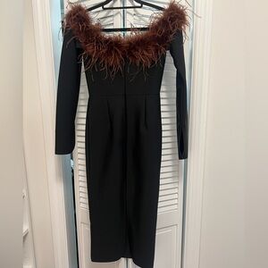 Blanche Off Shoulder Feather Trimmed Midi Dress In Black Size S
